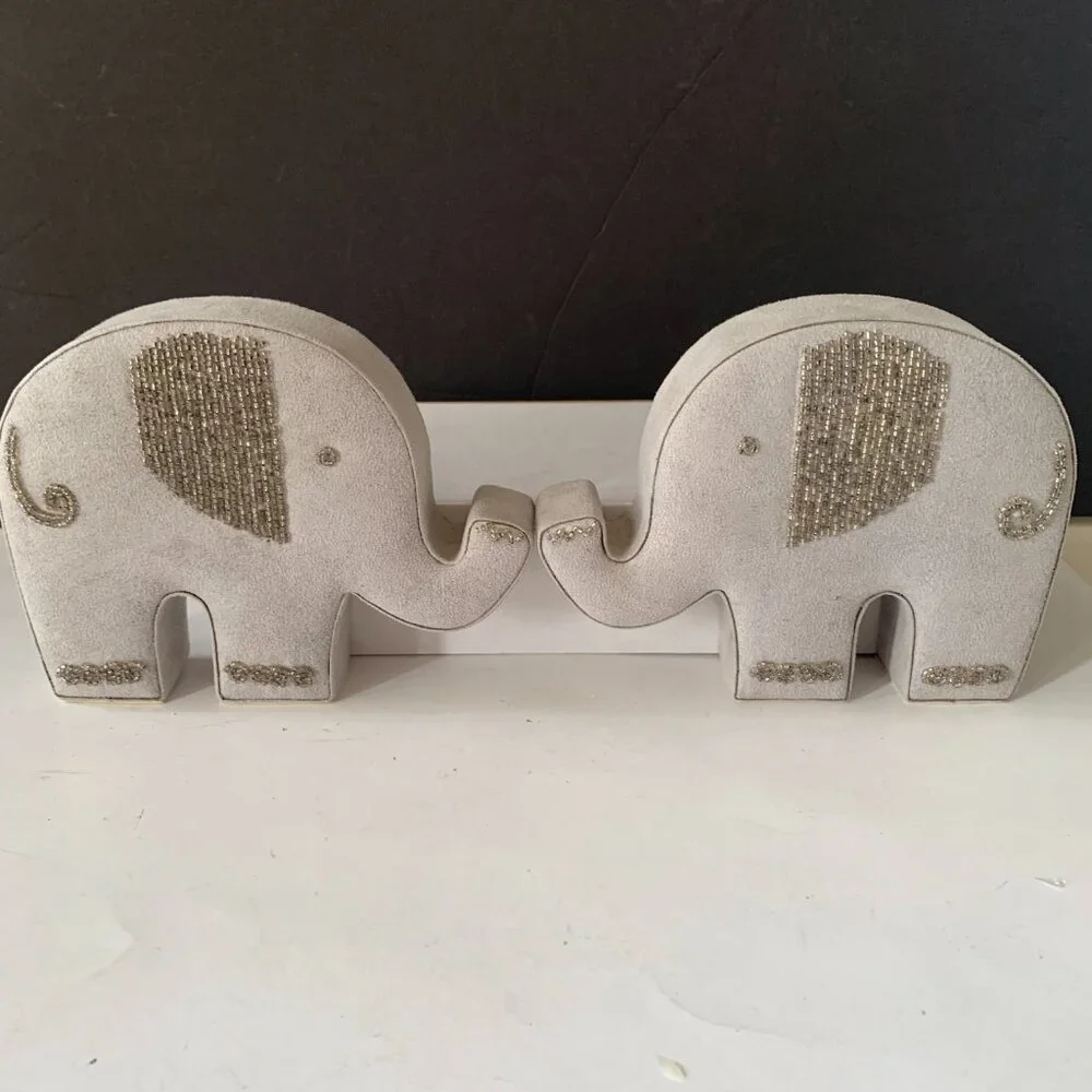 POTTERY BARN SUEDE BEADED ELEPHANT BOOKENDS